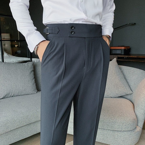 New Men British Style Autumn New Solid High Waist Trousers Men Formal Pants High Quality Slim Fit Business Casual Suit Pants Hommes 02 Gray, 29, China