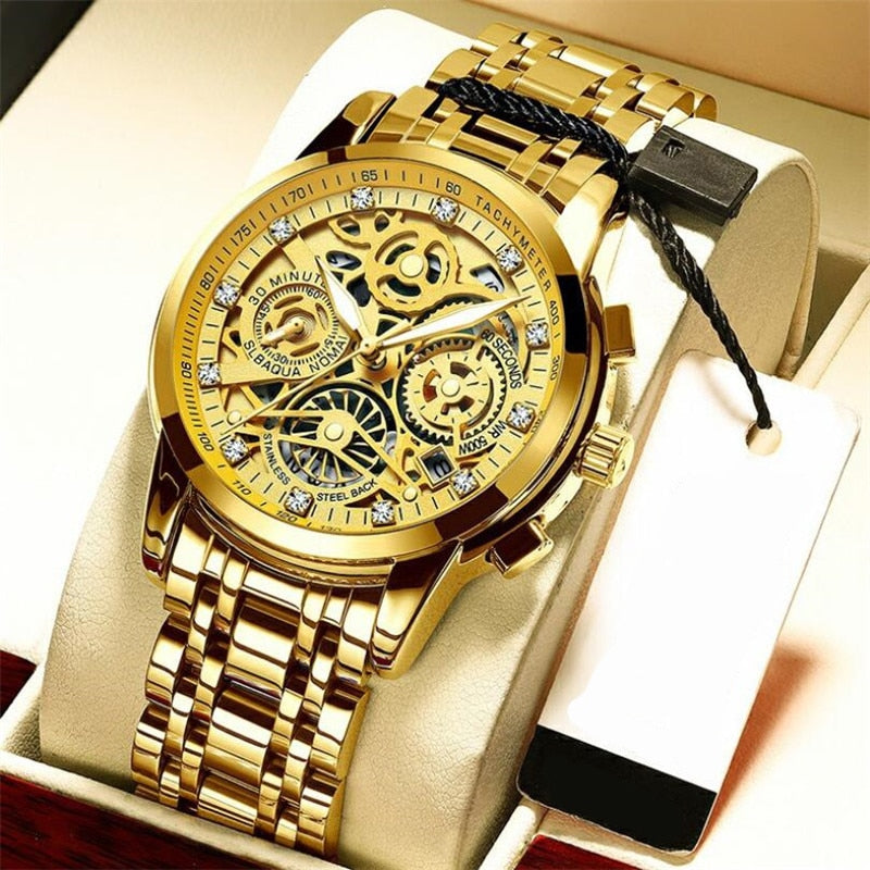 Men Watches Tourbillon Rotating Window Top Luxury Brand Fashion Quartz Men Watch Waterproof Gold Steel Business Wristwatch