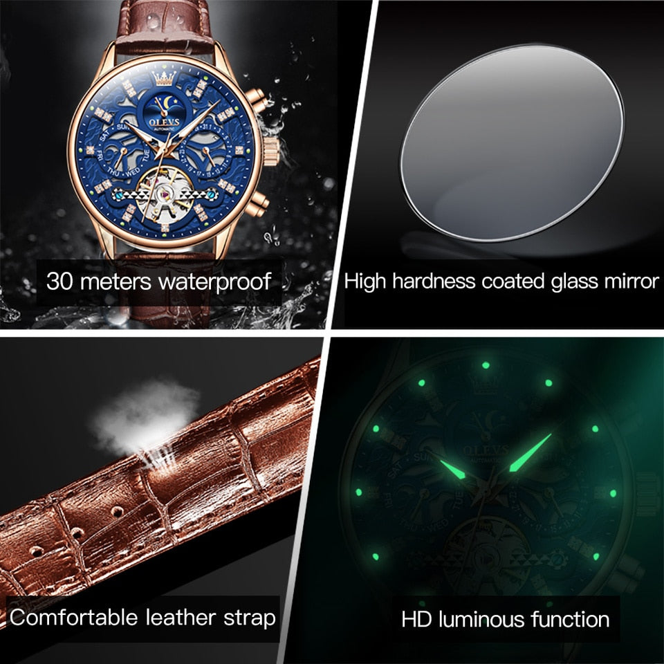 Watches for Men Automatic Mechanical Watch Waterproof Hollow out Noctiucent Skeleton Automatic Wind up Male Wristwatch