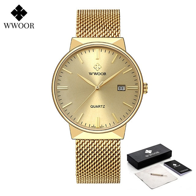 Men Simple Slim Watches Luxury Brand Gold Steel Mesh Ultra Thin Waterproof Date Wrist Watch Men Golden Clock With Box