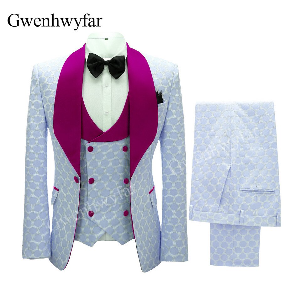 New Polka Dot Dress Suit for Men Custom Made Shawl Lapel Blazer Vest with Pants Fashion Wedding Tuxedos Groomsmen Wear image color 11, M