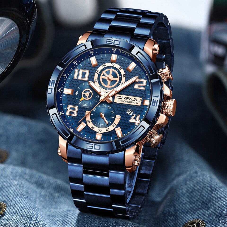 Men Watches Big Dial Waterproof Stainless Steel with Luminous hands Date Sport Chronograph Watches Relogio Masculino