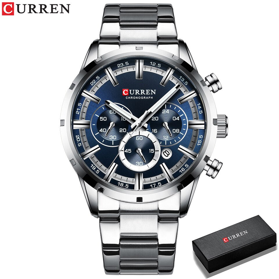 Men Watch Blue Dial Stainless Steel Band Date Mens Business Male Watches Waterproof Luxuries Men Wrist Watches for Men Silver blue box