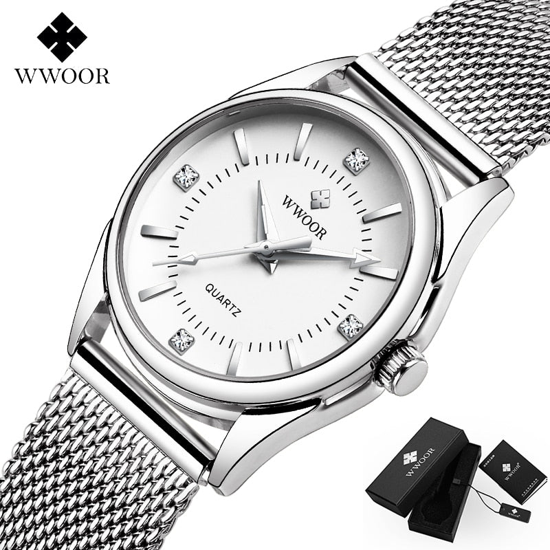 Luxury Brand Dress Gold Watch Ladies Elegant Diamond Small Quartz Wrist Watches For Women Steel Mesh Clock zegarek damski white