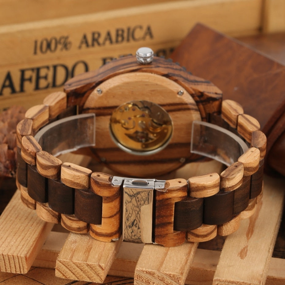 New Men Luxury Round Automatic Watches Quality Top Brand Watch for Men Fashion Wood Clock Adjustable Wooden Bracelet Mechanical Wrist watch