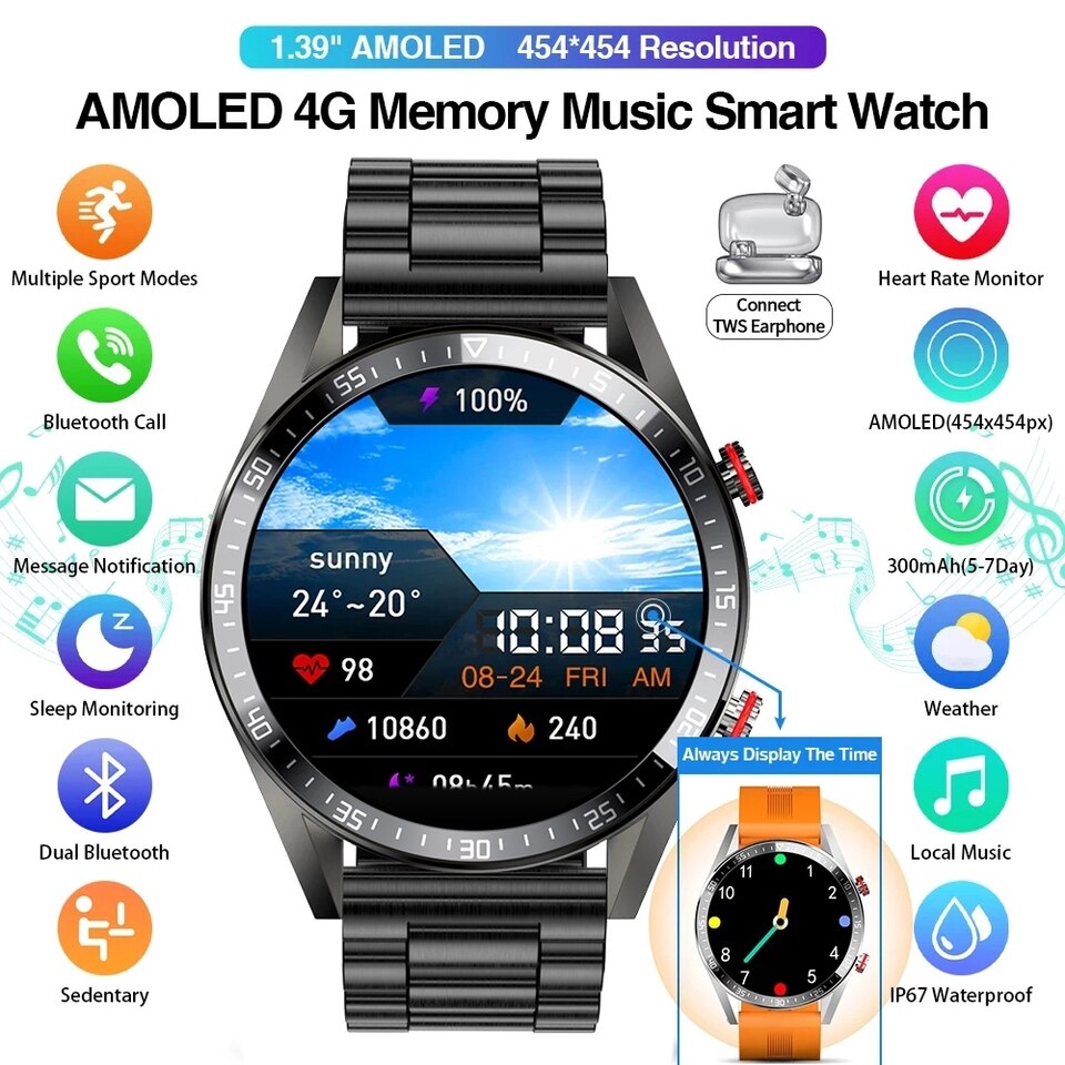 New 454*454 Screen Smart Watch Always Display The Time Bluetooth Call Local Music Smartwatch For Mens Android TWS Earphones