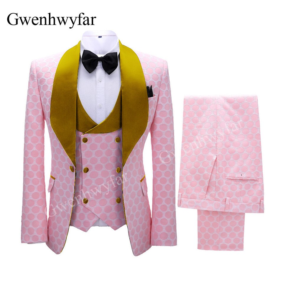 New Polka Dot Dress Suit for Men Custom Made Shawl Lapel Blazer Vest with Pants Fashion Wedding Tuxedos Groomsmen Wear image color 7, S