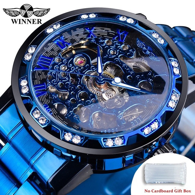 New Men Mechanical Skeleton Wrist Watch Winner Transparent Fashion Diamond Luminous Gear Movement Royal Design Men Top Brand Luxury Male