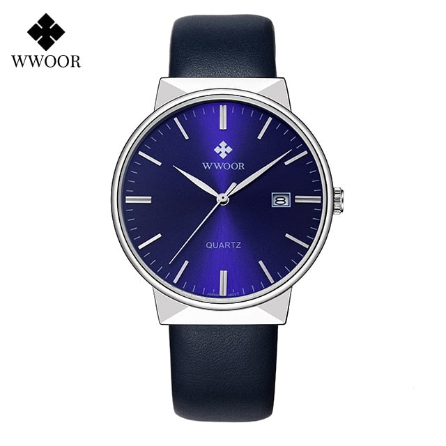 Men Simple Slim Watches Luxury Brand Gold Steel Mesh Ultra Thin Waterproof Date Wrist Watch Men Golden Clock With Box leather blue