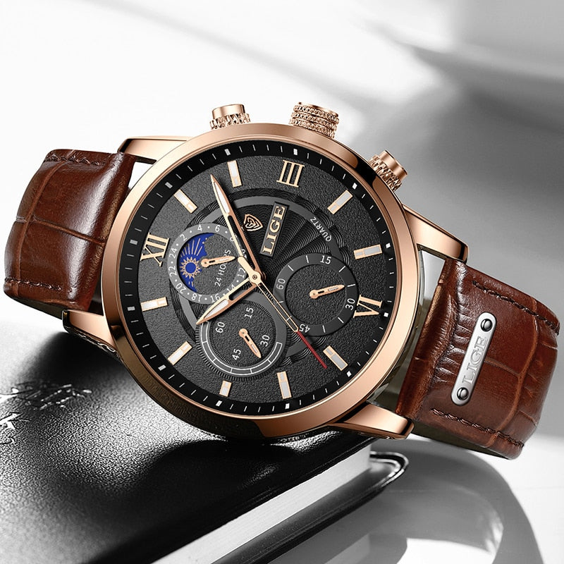 New Mens Watches LIGE Top Brand Luxury Leather Casual Quartz Watch Men Sport Waterproof Clock Watch Relogio Masculino+Box