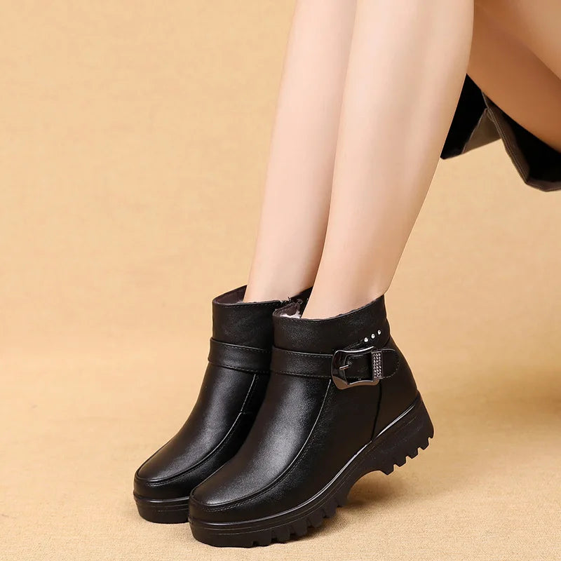 Winter Women Genuine Leather Ankle Boots Female Thick Plush Warm Snow Boots Mother Waterproof Non-slip Booties