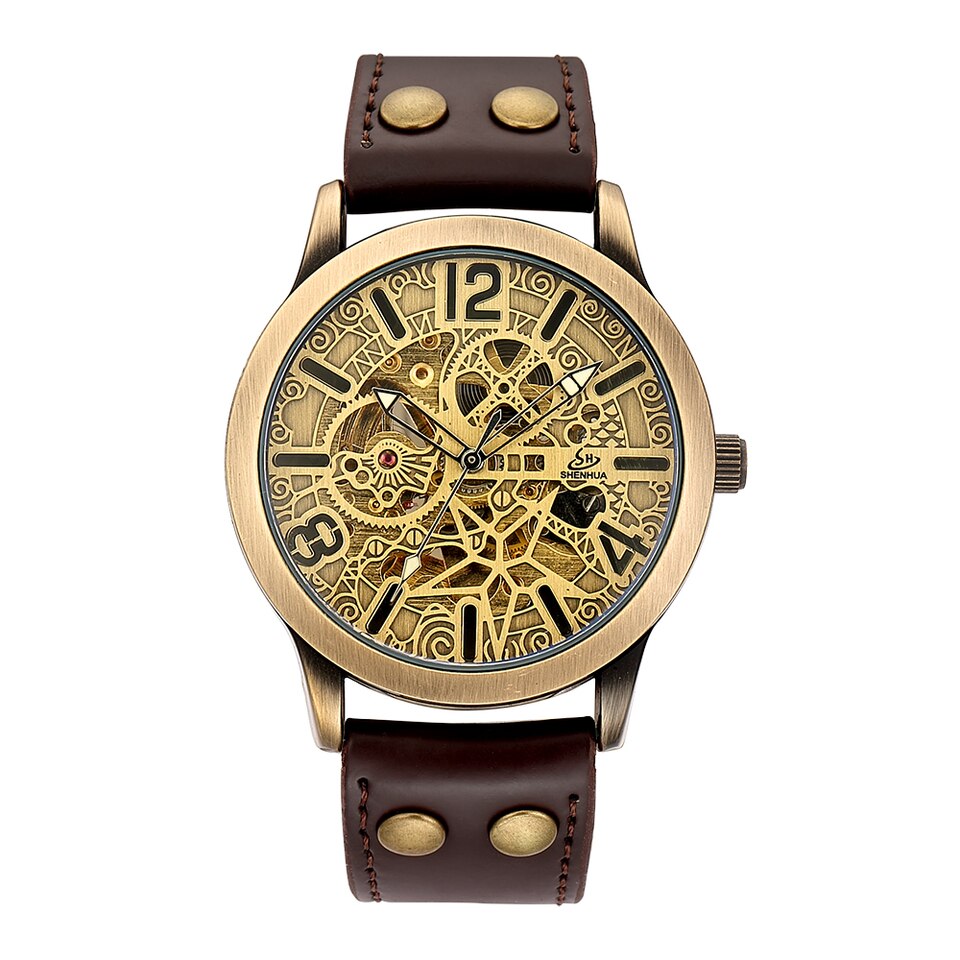 Retro Style Men Automatic Mechanical Watch Skeleton Steampunk Genuine Leather Band Mens Self Winding Wrist Watches Men Reloj M3 Brown