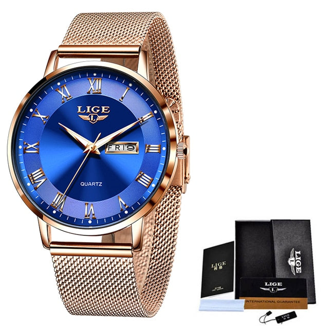 Women Watch Bracelet Quartz Clock Movement Simple Waterproof Rose Gold Stainless Steel Mesh Ladies Watches Rose gold blue, China