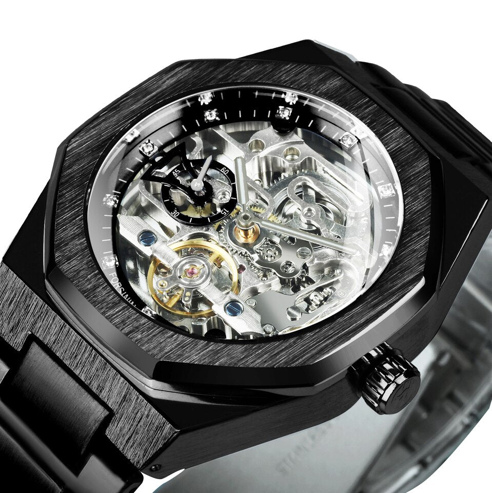 New Men Tourbillion Mechanical Watch for Men Forsining Automatic Steel Strap Skeleton Mens Watches Top Brand Luxury Watch BLACK, China