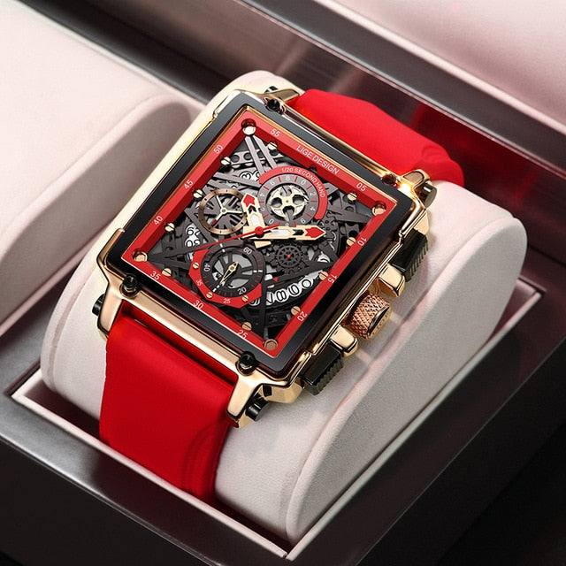 Top Brand Luxury Mens Watches Square Digital Sports Quartz Wrist Watch for Men Waterproof Stopwatch Relogio Masculino gold Red, China