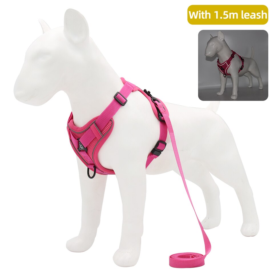 Dog Harness with 1.5m Traction Leash Set No Pull Dog Vest Strap Adjustable Reflective Breathable Harness for Dogs Puppy and Cats Rose Red, S