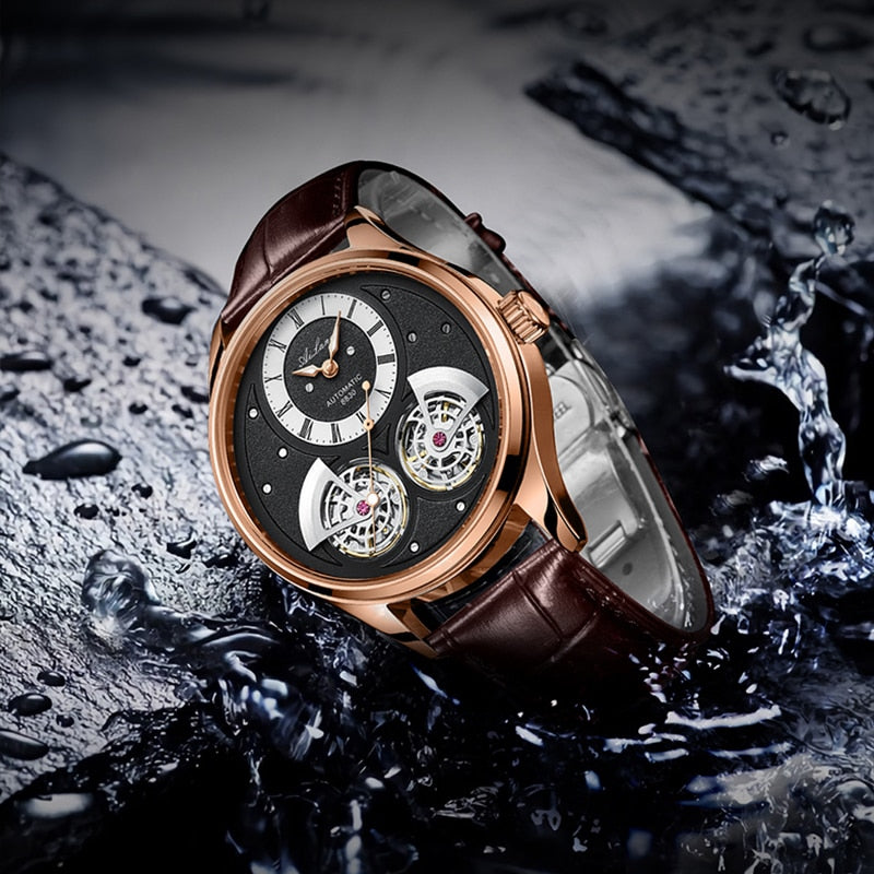 Double Pendulum Hollow Tourbillon Men Automatic Mechanical Watch Deep Waterproof Leather Watch