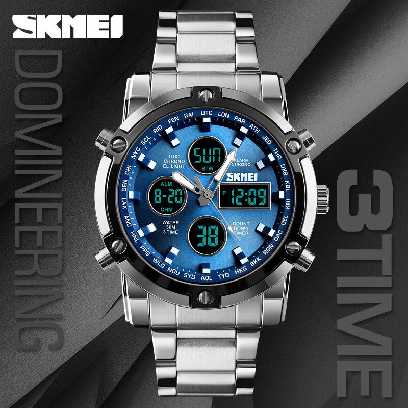 Fashion Men Wristwatch SKMEI Watch Sport Digital Bracelet 3 Time Countdown Mens Clock Stainless Steel Watches  Male Business