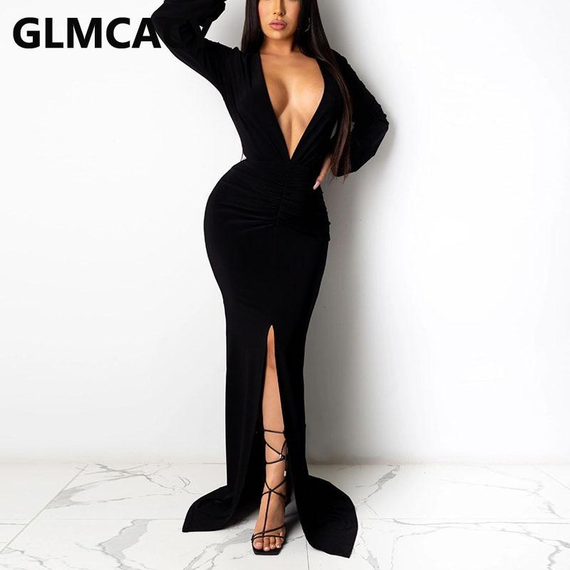 New Women Long Sleeve Plunge Neck Maxi Dress Formal Elegant Slit Evening Mermaid Dresses black, S