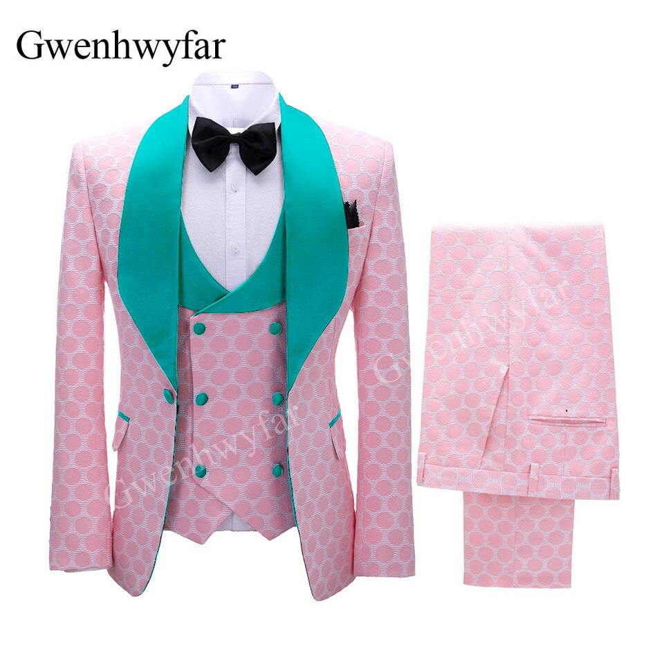 New Polka Dot Dress Suit for Men Custom Made Shawl Lapel Blazer Vest with Pants Fashion Wedding Tuxedos Groomsmen Wear image color 5, S