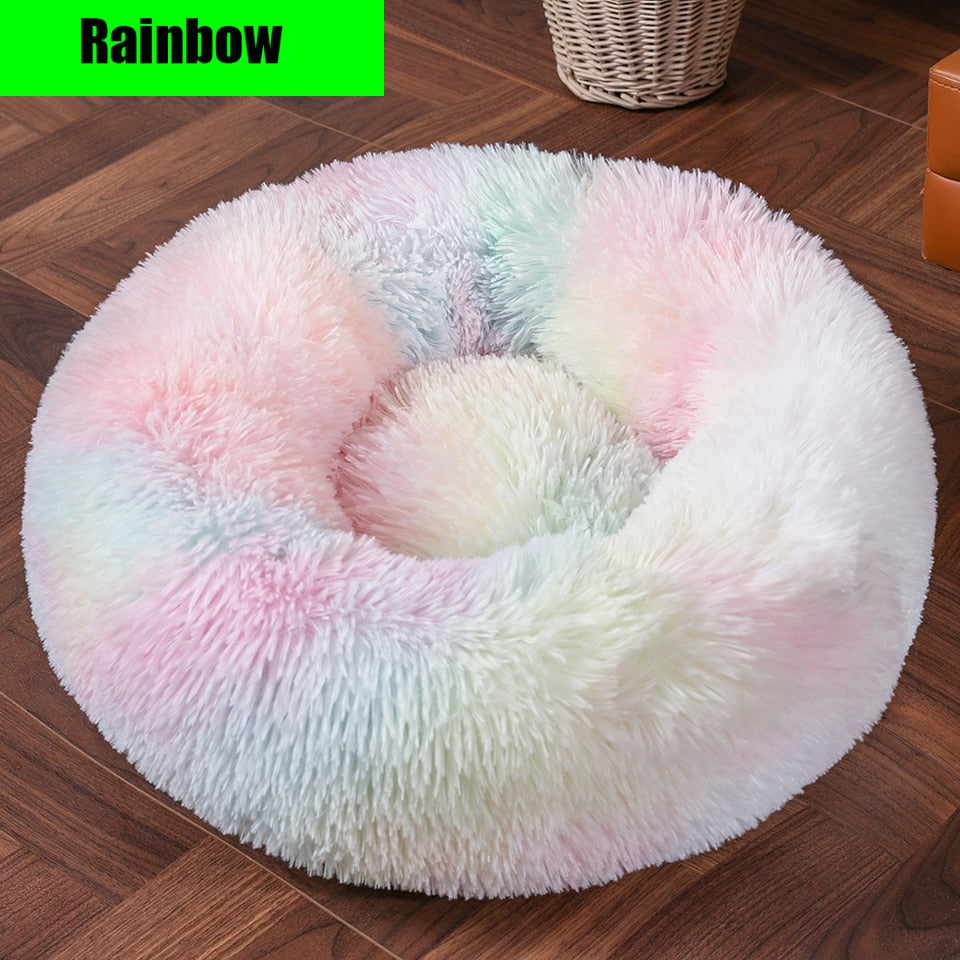 Thick Cutton Round Dog Bed Super Soft Long Plush Pet Cat Mat for Dogs Nest Cushion Bed Winter Warm  Pets Sofa Dog Kennel Rainbow, S Diameter40cm