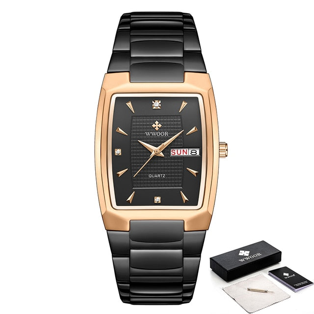 New Square Watch Men with Automatic Week Date Luxury Stainless Steel Gold Mens Quartz Wrist Watches Relogio Masculino