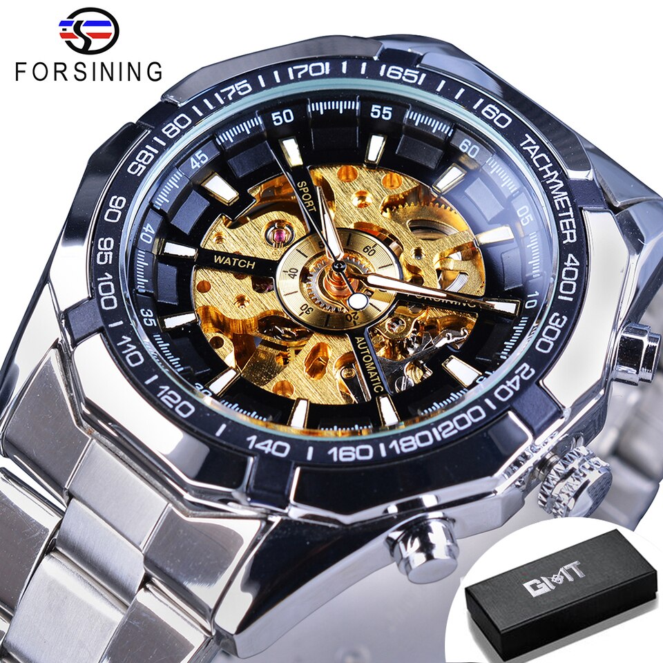 New Men Forsining Stainless Steel Watch Waterproof Mens Skeleton Watches Top Brand Luxury Transparent Mechanical Sport Male Wrist Watches