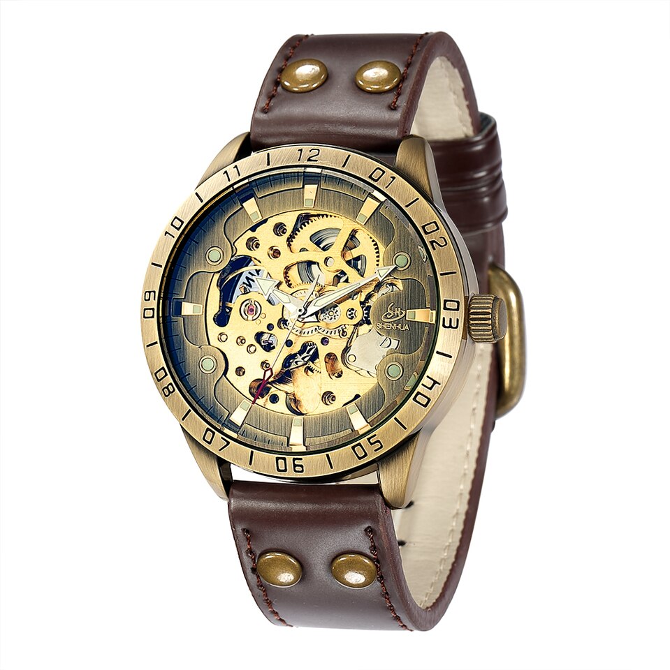 Retro Style Men Automatic Mechanical Watch Skeleton Steampunk Genuine Leather Band Mens Self Winding Wrist Watches Men Reloj M2 Brown