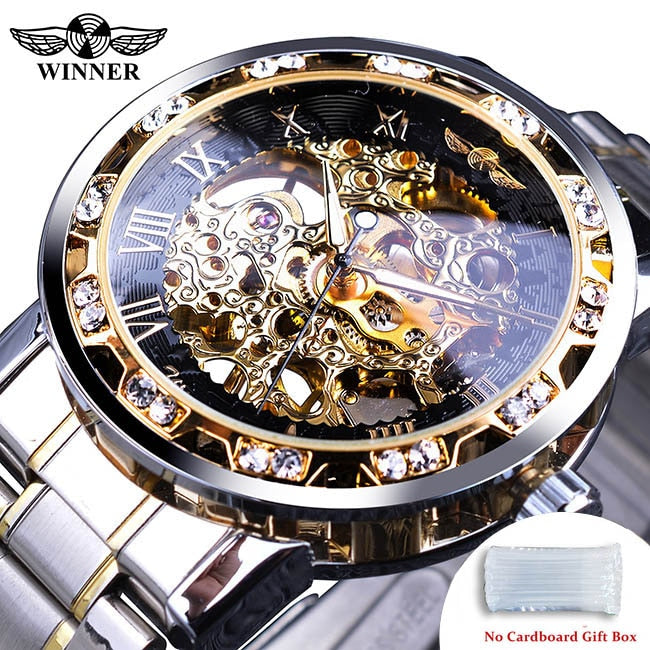 Winner Transparent Fashion Diamond Luminous Gear Movement Royal Design Men Top Brand Luxury Male Mechanical Skeleton Wrist Watch S1089-2Nobox