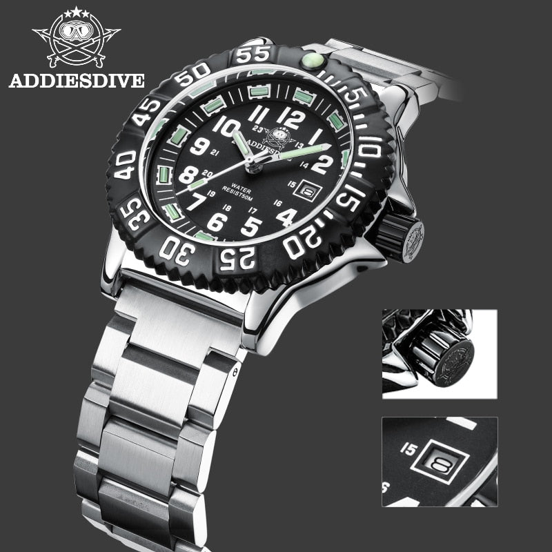 Addies Dive New Men Watch 316L Stainless Steel Strap Black Dial 50m Waterproof Watch Luminous Hand 51mm Alloy Case Sports Watch