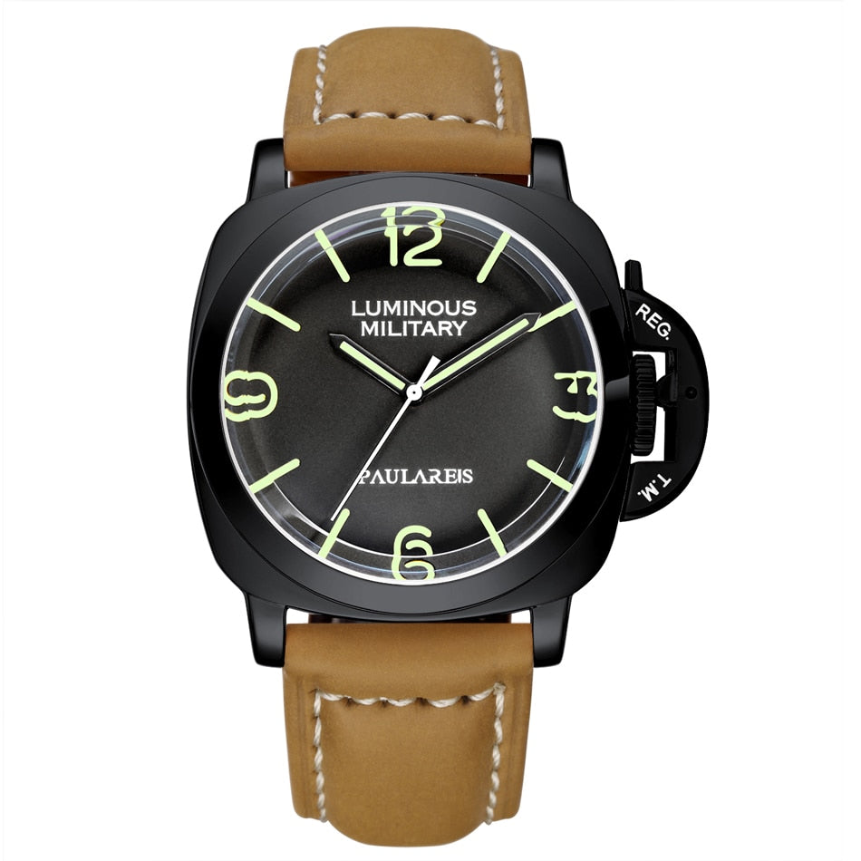 New Men Self Wind Mechanical Watch Automatic Genuine Brown Leather Strap Yellow Green Luminous 44mm Luxury Rose Gold Military Men Watch