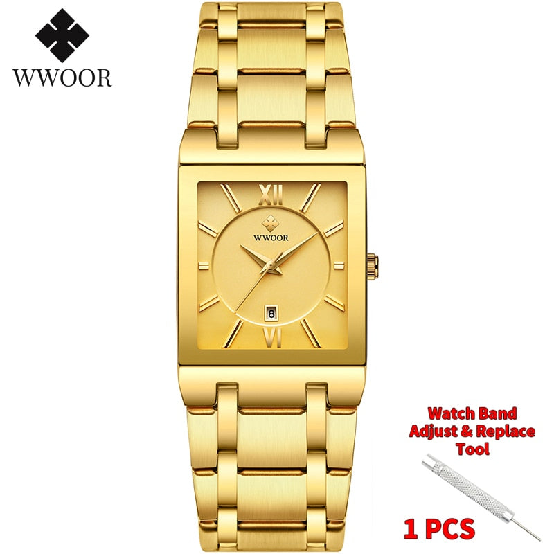 Relogio Masculino WWOOR Gold Watch Men Square Mens Watches Top Brand Luxury Golden Quartz Stainless Steel Waterproof Wrist Watch