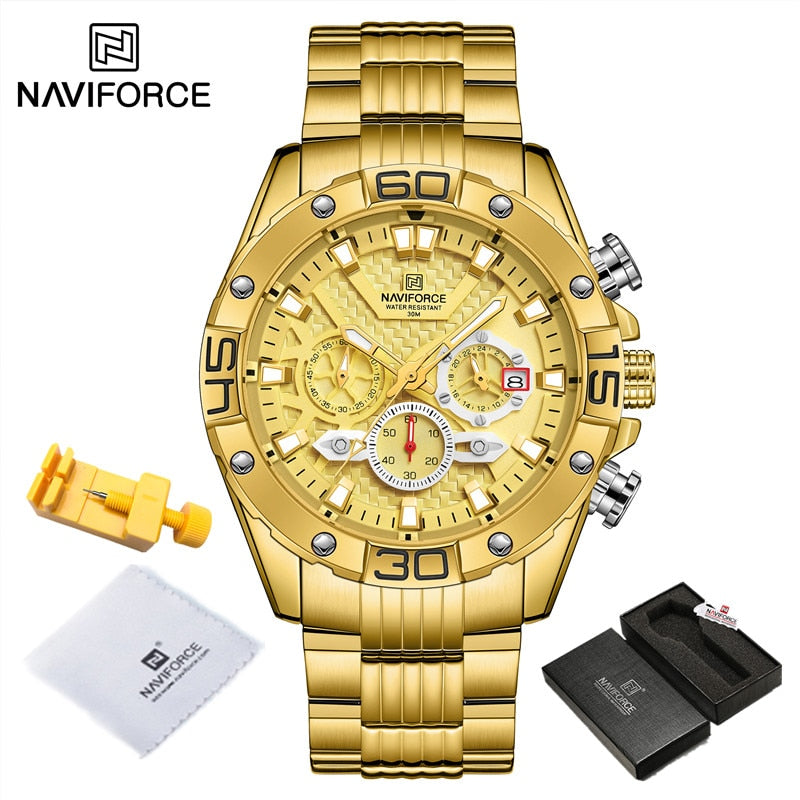 New Watches For Men Luxury Original Classic Quartz Clock Analog Chronograph Sport Waterproof Steel Band WristWatch GG BOX