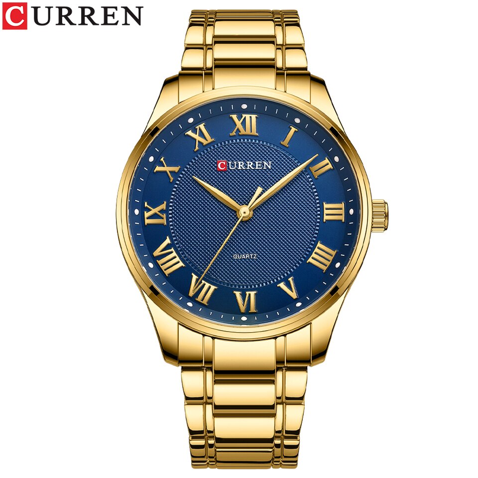 Classic Casual Watch for Men with Stainless Steel Band Simple Quartz Wristwatches with Rome Numbers for Business Man gold blue