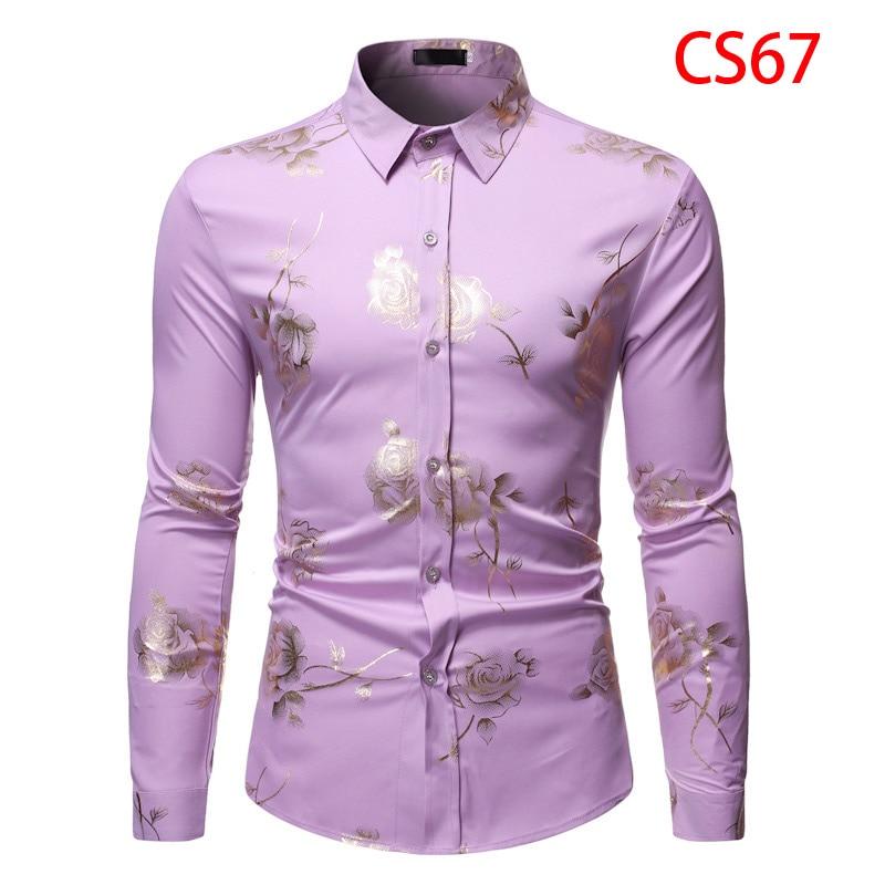 Men Gold Rose Floral Print Dress Shirt Brand Floral Steampunk Chemise White Long Sleeve Wedding Party Bronzing Camisa Masculina CS67 Purple, USA Size S