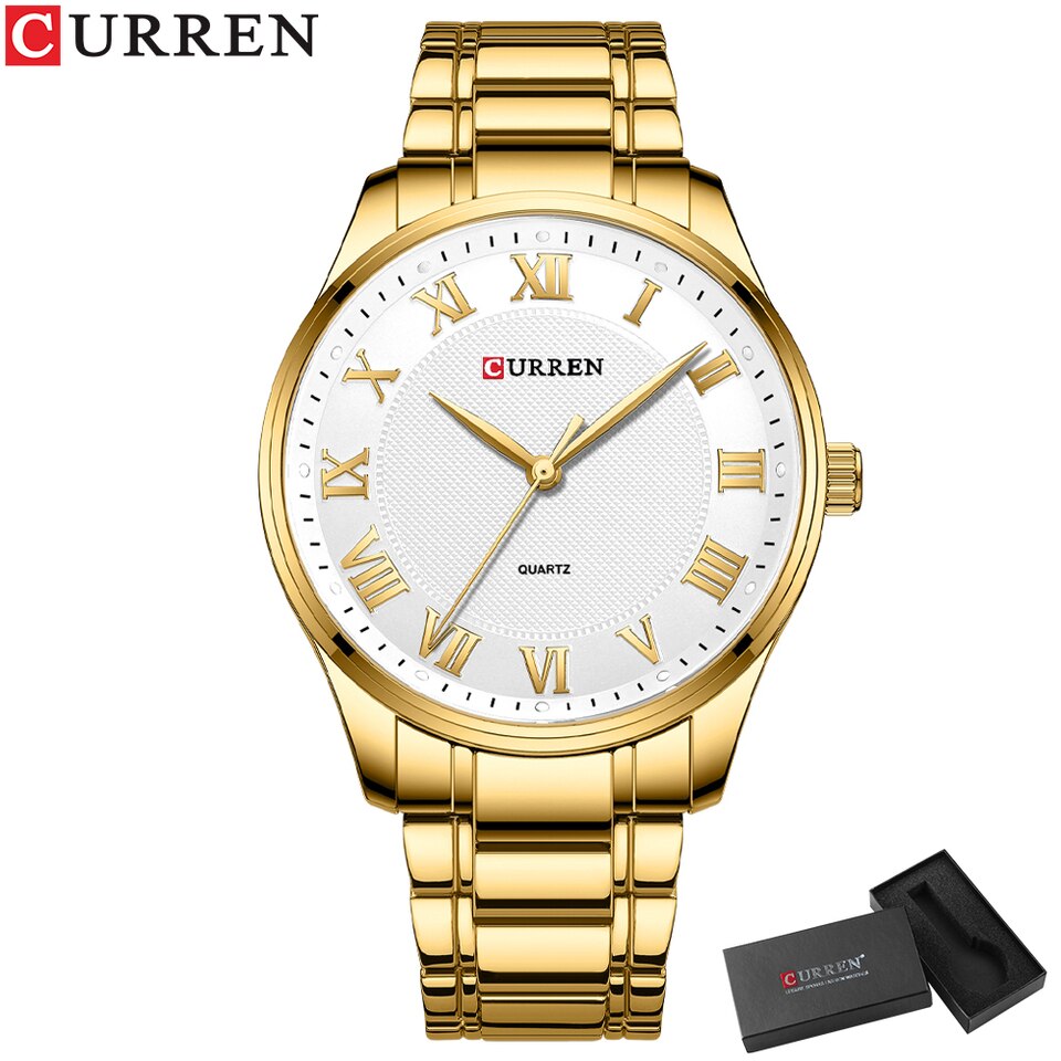 Classic Casual Watch for Men with Stainless Steel Band Simple Quartz Wristwatches with Rome Numbers for Business Man gold white box