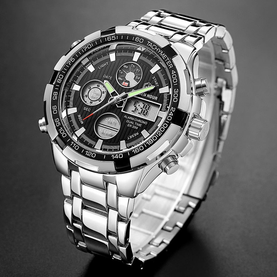 Luxury Brand Waterproof Military Sport Watches Men Silver Steel Digital Quartz Analog Watch Clock Relogios Masculinos