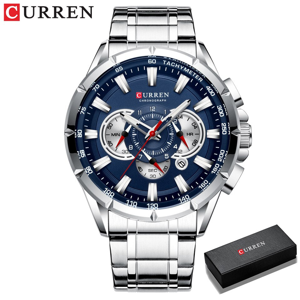 New Casual Sport Chronograph Men's Watches Stainless Steel Band Wristwatch Big Dial Quartz Clock with Luminous Pointers silver blue box