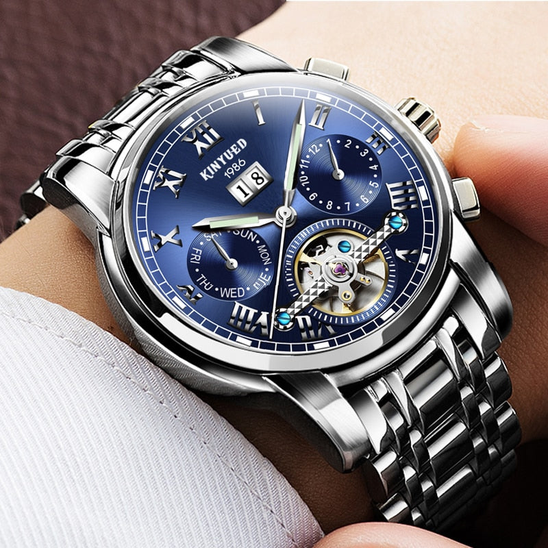 New Men Kinyued Stainless Steel Watch Band Automatic Mechanical Business Wrist Watch Luxury Brand Waterproof Watch for Men