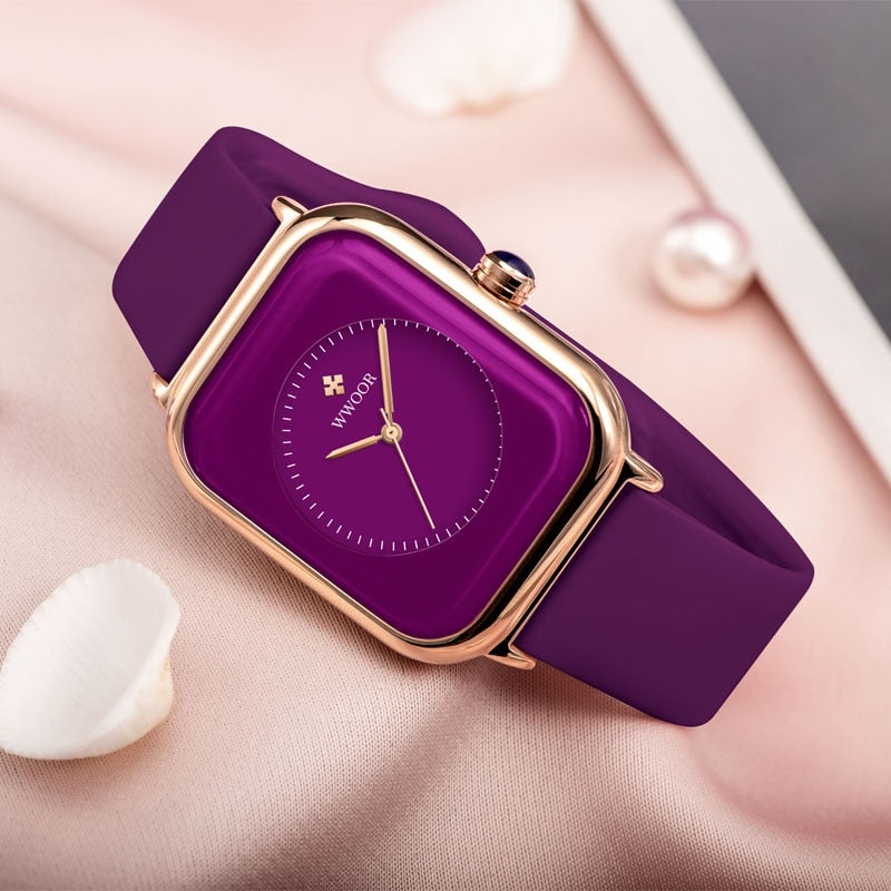 Luxury Brand Watches For Women Fashion Square Purple Ladies Quartz Wristwatch Waterproof Silicone Band Relogio Feminino