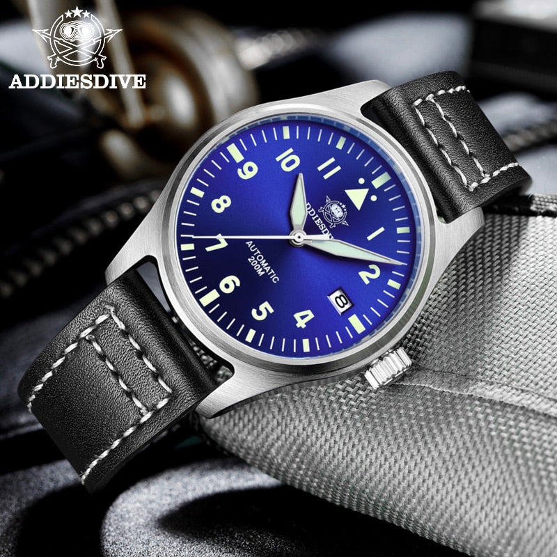 ADDIESDIVE Automatic NH35 Movement Pilot Watch C3 luminous Black Dial and 39mm Case waterproof Sapphire glass 200M Dive watches