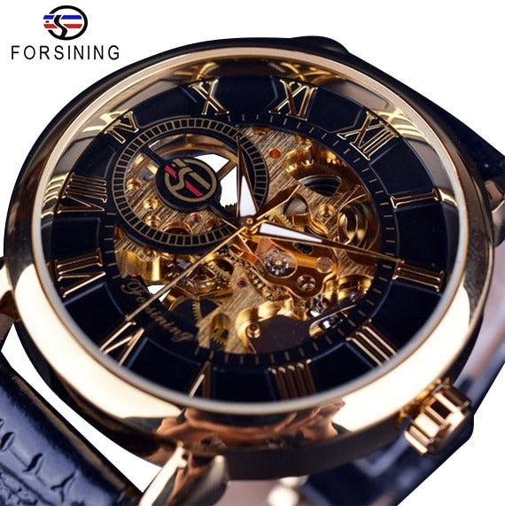 New Men Forsining Black Gold Watch 3d Logo Design Hollow Engraving Black Gold Case Leather Skeleton Mechanical Watches Men Luxury Brand Heren Horloge