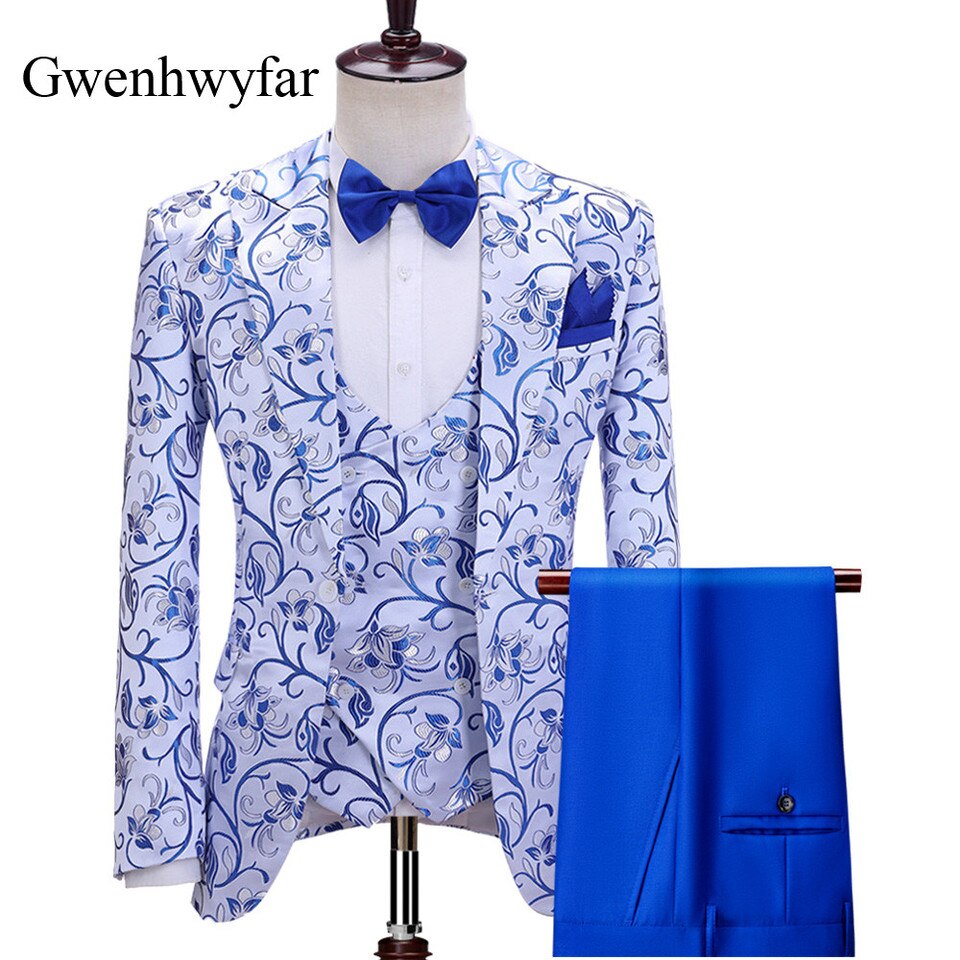 New Luxury Men Wedding Suits Orchid Pattern Gentlemen Tuxedo Peaked Lapel Jacket Double Breasted Vest Slim Pant as image, S