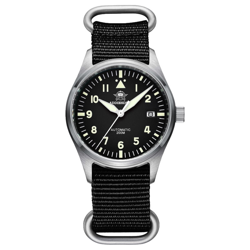 ADDIESDIVE Automatic NH35 Movement Pilot Watch C3 luminous Black Dial and 39mm Case waterproof Sapphire glass 200M Dive watches