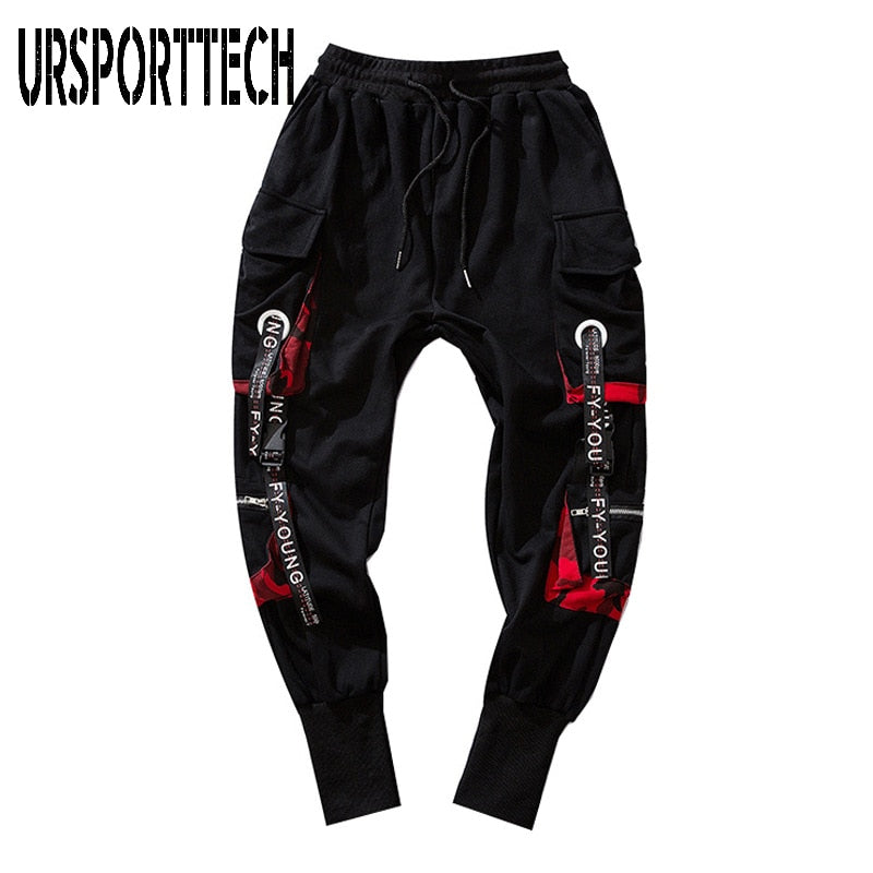 New Hip Hop Joggers Men Letter Ribbons Cargo Pants Pockets Track Tactical Casual Techwear Male Trousers Sweatpants Sport Streetwear S, Black Pants