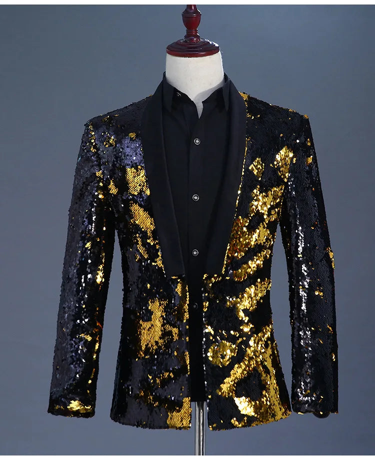 New Luxury Royal Blue Sequin Dress Blazer Men Nightclub Stage Shawl Collar Mens Suit Jacket BlackCollarBlackGold, Asian XXL