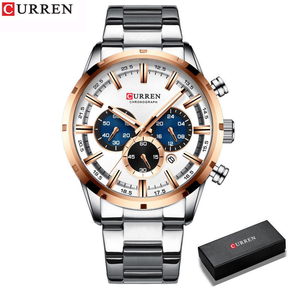 New Men Watches Top Brand Luxury Wrist Watch Quartz Clock Watch Men Waterproof Chronograph silver white box