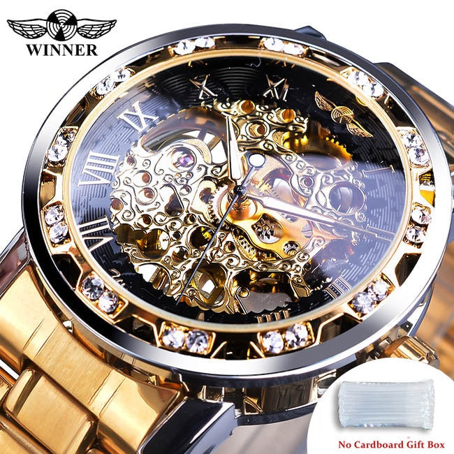 Winner Transparent Fashion Diamond Luminous Gear Movement Royal Design Men Top Brand Luxury Male Mechanical Skeleton Wrist Watch S1089-8Nobox