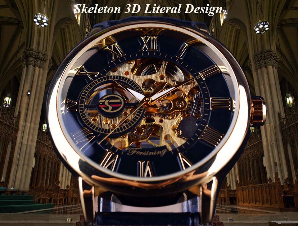 New Men Forsining Black Gold Watch 3d Logo Design Hollow Engraving Black Gold Case Leather Skeleton Mechanical Watches Men Luxury Brand Heren Horloge