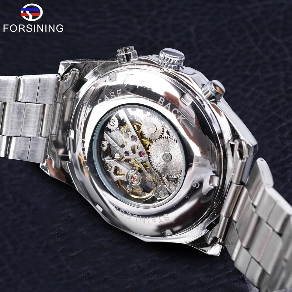 New Men Forsining Stainless Steel Watch Waterproof Mens Skeleton Watches Top Brand Luxury Transparent Mechanical Sport Male Wrist Watches